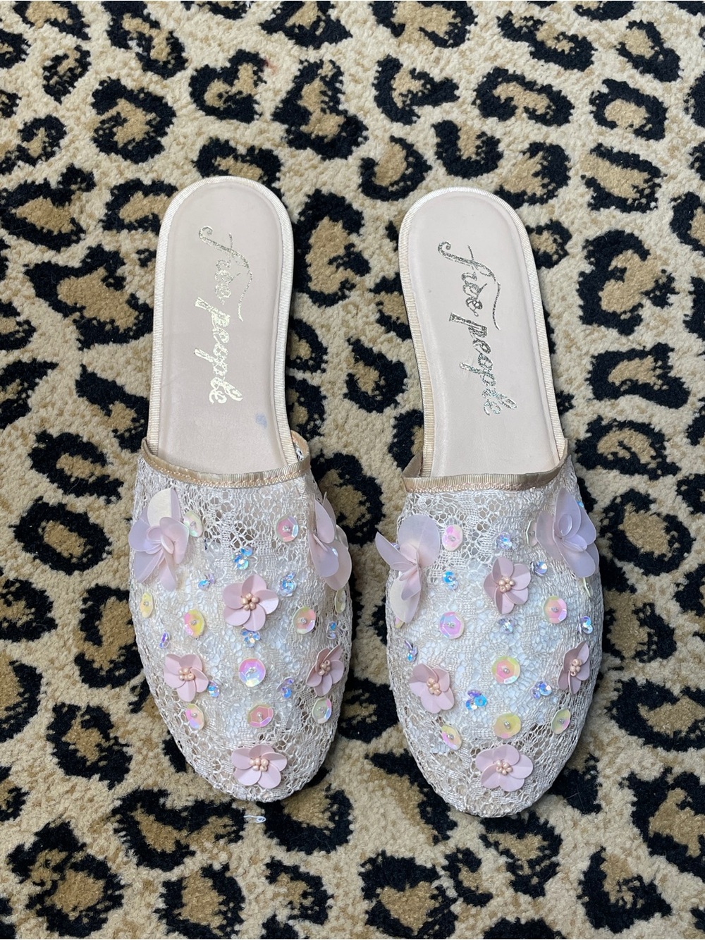 Free People Sequin Mesh Slip-On Mules with Pink Floral Appliqués - Picture 2 of 8